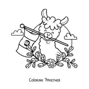 Coloring page of an animated alpaca with the flag of Peru