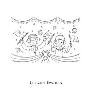 Coloring page of animated children with the flag of Peru