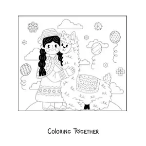 Coloring page of a Peruvian girl in traditional costume with an alpaca