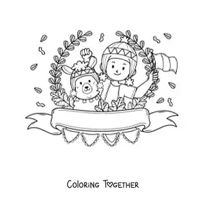Coloring page of a Peruvian boy in traditional dress with an animated alpaca