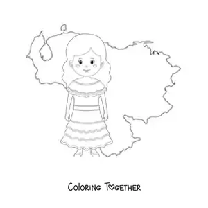 Coloring page of a girl in traditional dress with the map of Venezuela