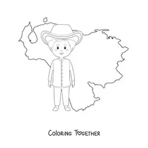 Coloring page of a boy in traditional dress with the map of Venezuela