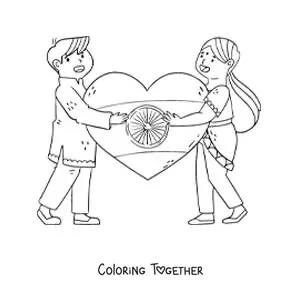Coloring page of children of India with a flag in the shape of a heart