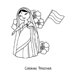 Coloring page of a woman of India with the flag