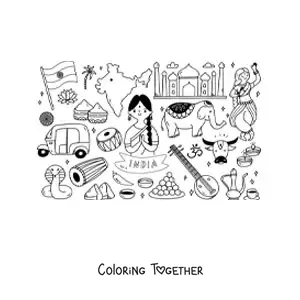 Coloring page of an elephant and elements of Indian culture