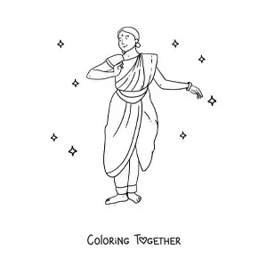 Coloring page of an Indian girl dancing in a traditional costume