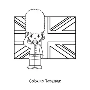 Coloring page of a cartoon royal guard with the flag of the United Kingdom