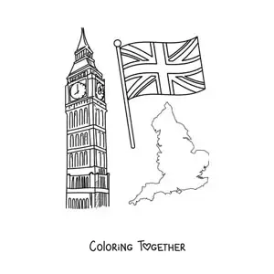 Coloring page of Big Ben with the flag of the United Kingdom and the map of England