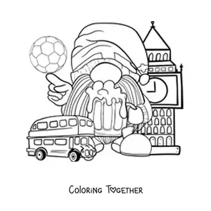 Coloring page of a cartoon gnome tourist in London