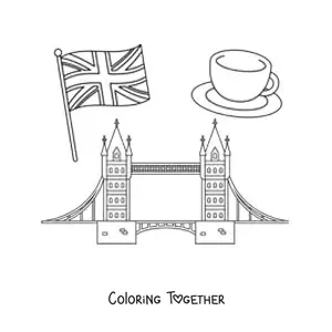 Coloring page of the flag of the United Kingdom with London Bridge