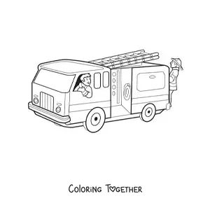 Coloring page of two cartoon firefighters on a fire truck