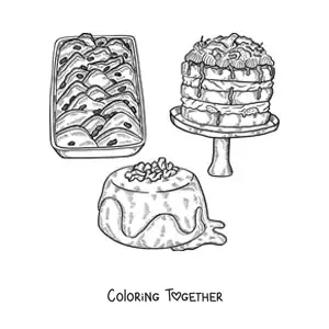 Coloring page of traditional desserts from English culture