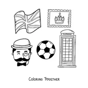 Coloring page of elements of English culture and the flag of the United Kingdom
