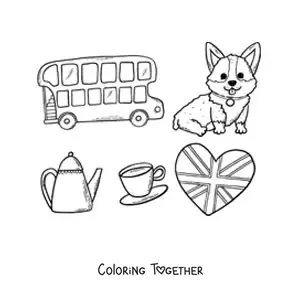 Coloring page of a bus and elements of British culture