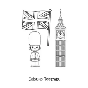 Coloring page of a royal guard boy with the flag of the United Kingdom and Big Ben