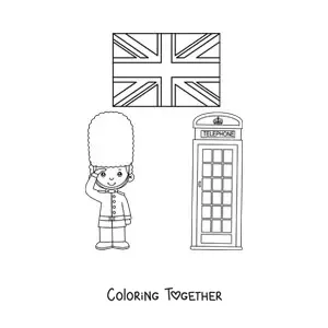 Coloring page of a cartoon royal guard with the flag of the United Kingdom and a telephone booth