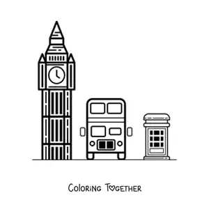 Coloring page of Big Ben with a London bus and telephone booth