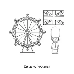 Coloring page of the flag of the United Kingdom with the London Eye