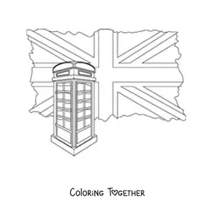 Coloring page of the flag of the United Kingdom and a telephone booth