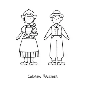 Coloring page of a couple in traditional costume from the Netherlands