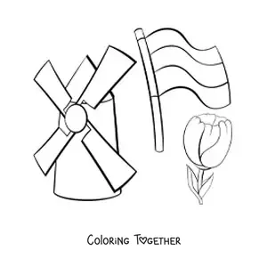 Coloring page of a windmill with the flag of the Netherlands and a tulip