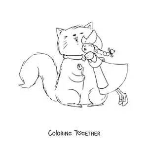 Coloring page of a Dutch girl with a cartoon cat