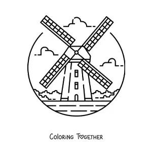 Coloring page of a Dutch windmill