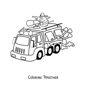 Coloring page of a cartoon firefighter penguin
