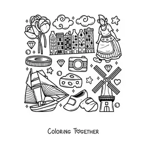 Coloring page of clogs and symbols of the culture of the Netherlands