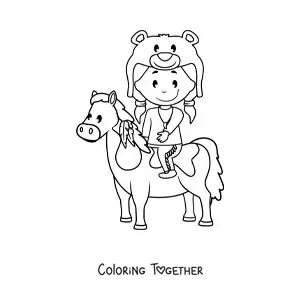 Coloring page of a Native American child riding a horse