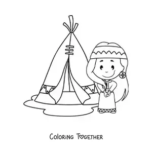 Coloring page of a Native American girl next to a tipi