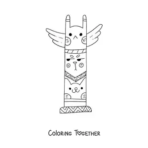 Coloring page of a cute kawaii cartoon Native American totem