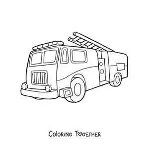 Coloring page of a fire truck with the ladder slightly raised
