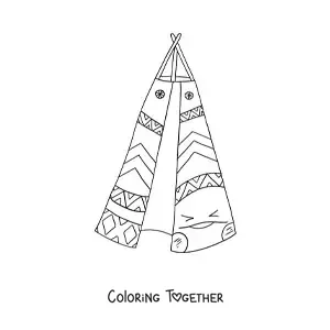 Coloring page of a cute kawaii cartoon Native American tipi