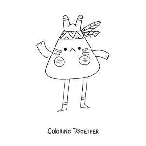 Coloring page of a cute kawaii cartoon Native American