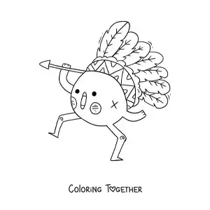 Coloring page of a cute kawaii cartoon Native American with feathers
