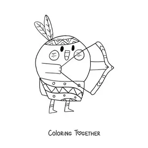 Coloring page of a cute kawaii cartoon Native American with bow and arrows