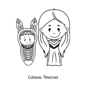 Coloring page of a Native American tribe family