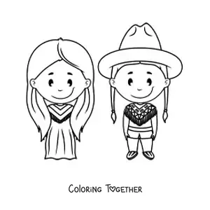 Coloring page of a cartoon cowboy and Native American