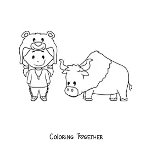 Coloring page of a cute kawaii cartoon Native American with an ox