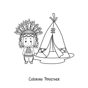 Coloring page of a cartoon Native American with a feather headdress next to a tipi