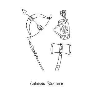Coloring page of Native American tribal weapons