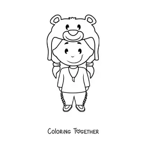Coloring page of a cartoon Native American girl with a bear skin