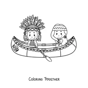 Coloring page of cartoon Native Americans in a canoe