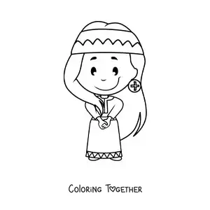 Coloring page of a cartoon woman of a Native American tribe