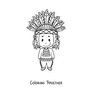 Coloring page of a Native American tribe member with a feather headdress