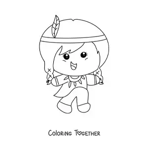 Coloring page of a cute kawaii cartoon Native American tribe girl