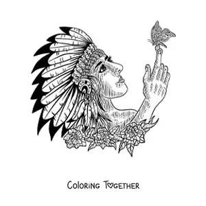 Coloring page of a Native American tribe member with a feather headdress and a butterfly
