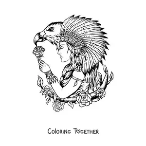 Coloring page of a Native American tribe member with a feather headdress and an eagle