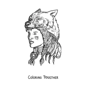Coloring page of a realistic Native American tribe member with a bear skin